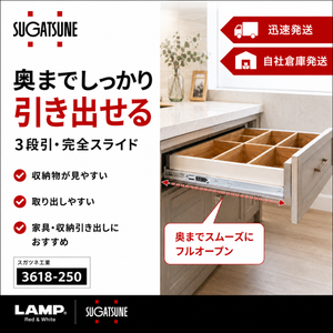 スガツネ工業 3618-250 左右1組(2本入り) LAMP 3段引き スライドレール 横付けタイプ 幅36mm 長さ250mm 完全スライド 光沢クロメート処理 引き出し DIY